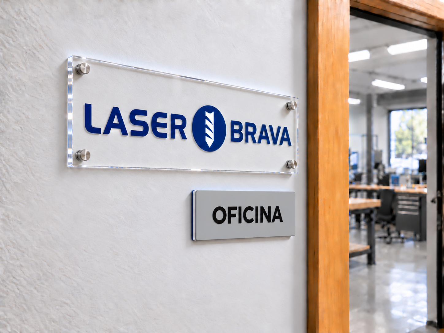 Rètol Laser Brava de metacrilat transparent amb quatre suports metàl·lics i placa Oficina de plàstic laminat gris amb lletres negres